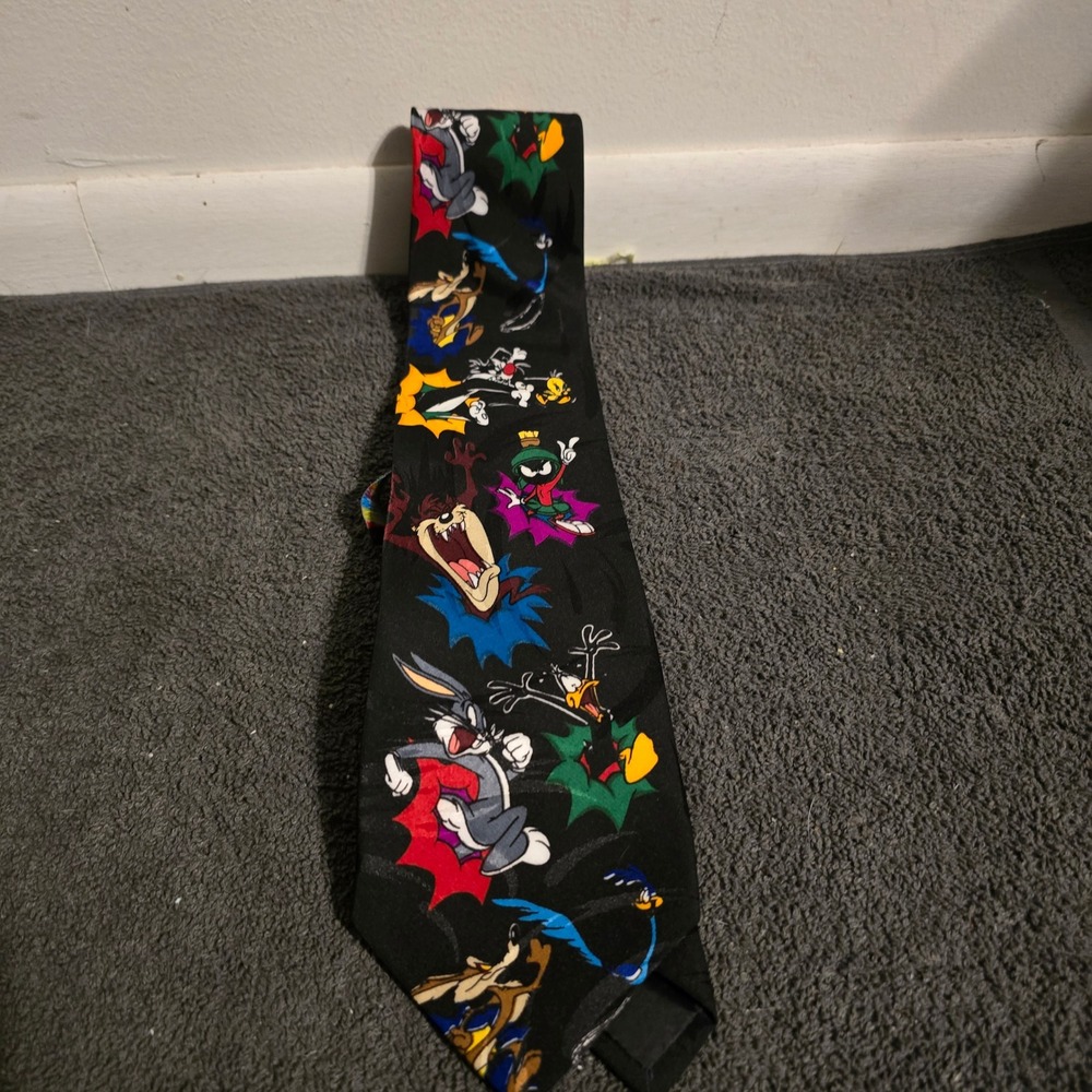 Looney Tunes Accessories Necktie Mens OS Black Vintage 1999 Bugs Bunny Daffy Taz